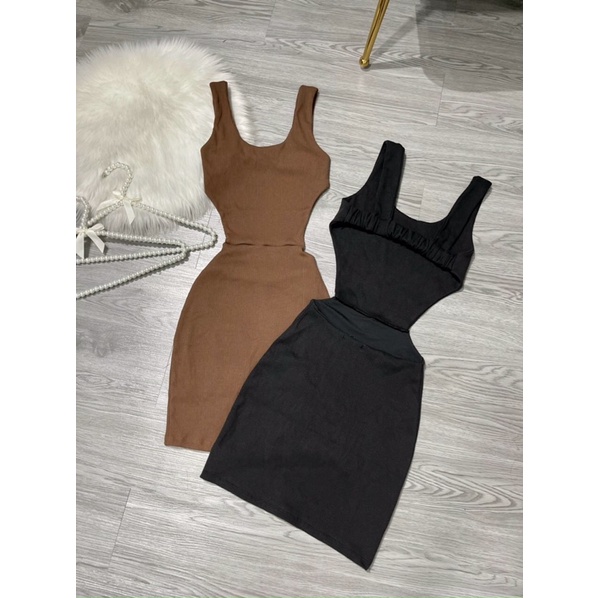 [FREESHIP]Đầm nữ ngắn ôm body chất tăm 2 LỚP dày dặn CÓ QUẦN TRONG 2 dây cổ U hở lưng khoét eo hai màu đen nâu siêu hot