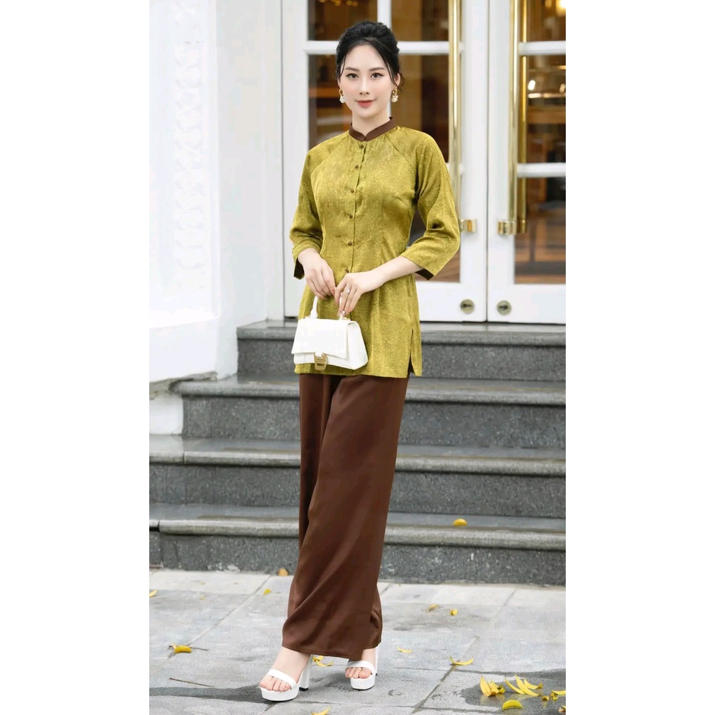 Áo bà ba lụa gấm vân cao cấp đi lễ chùa thiết kế cách tân đồ lam truyền thống hàng loại 1 kèm quần may sẵn