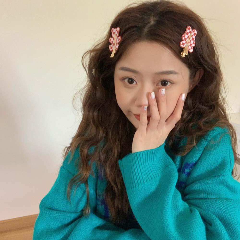 Kẹp Tóc Hình Thỏ / Gấu Họa Tiết Sọc Caro 15H Xinh Xắn Cho Nữ