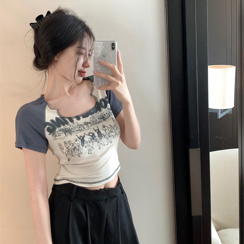 Áo Thun Lửng Ngắn Tay In Chữ Phong Cách Vintage Nữ Tính