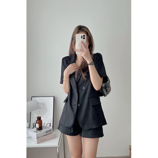 Set blazer áo Vest nữ cộc tay xẻ lưng mix quần short nữ đùi Hàn Quốc, Set đồ nữ mùa hè cá tính sang chảnh