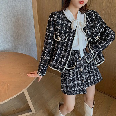 Set áo váy dạ tweed áo khoác dạ tweed và chân váy chữ A A390