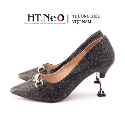 Giày nữ cao gót  HT.NEO Thiết kế phủ lớp óng ánh sang trọng, đính khuy kim loại gót cao 5cm CS226
