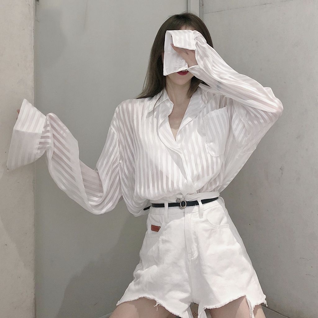 Áo Sơ Mi Tay Dài Dáng Rộng Họa Tiết Kẻ Sọc Thời Trang Pháp Cao Cấp Cho Nữ