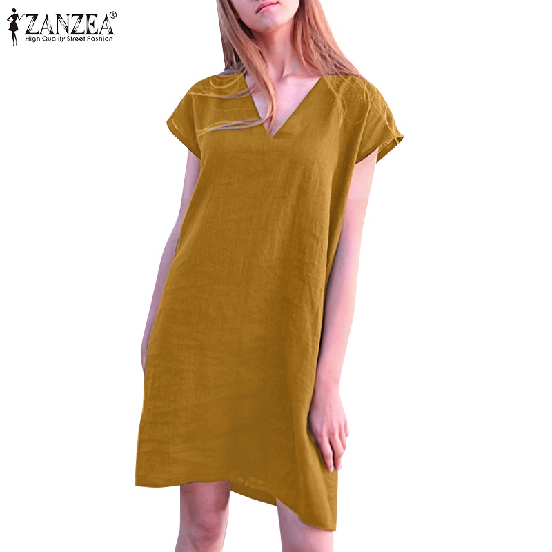 Đầm ZANZEA tay ngắn cổ chữ V thời trang quyến rũ cho nữ