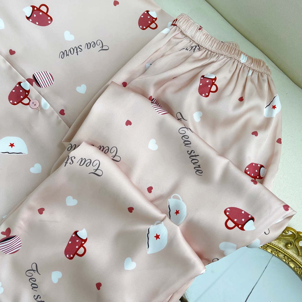 Bộ mặc nhà Pyjama lụa cao cấp Tea Store tay cộc quần dài họa tiết cà phê