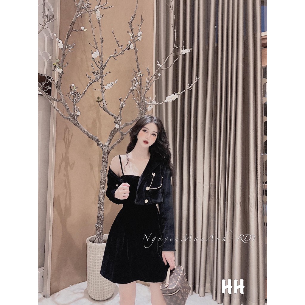 Sét Váy Áo Khoác Nhung Cổ Vest + Váy 2 Dây Body | BigBuy360 - bigbuy360.vn