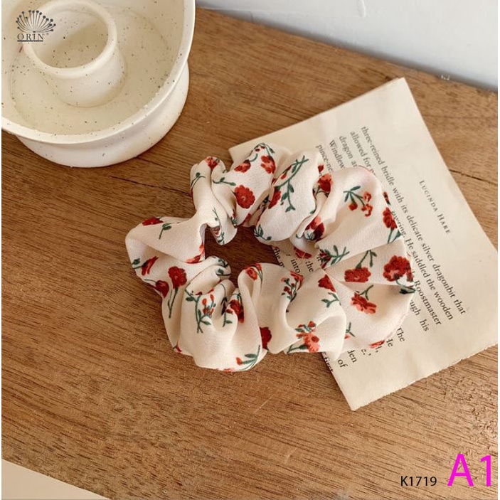 Cột Tóc Vải Scrunchies Hoạ Tiết Hoa Phong Cách Vintage Orin K1719