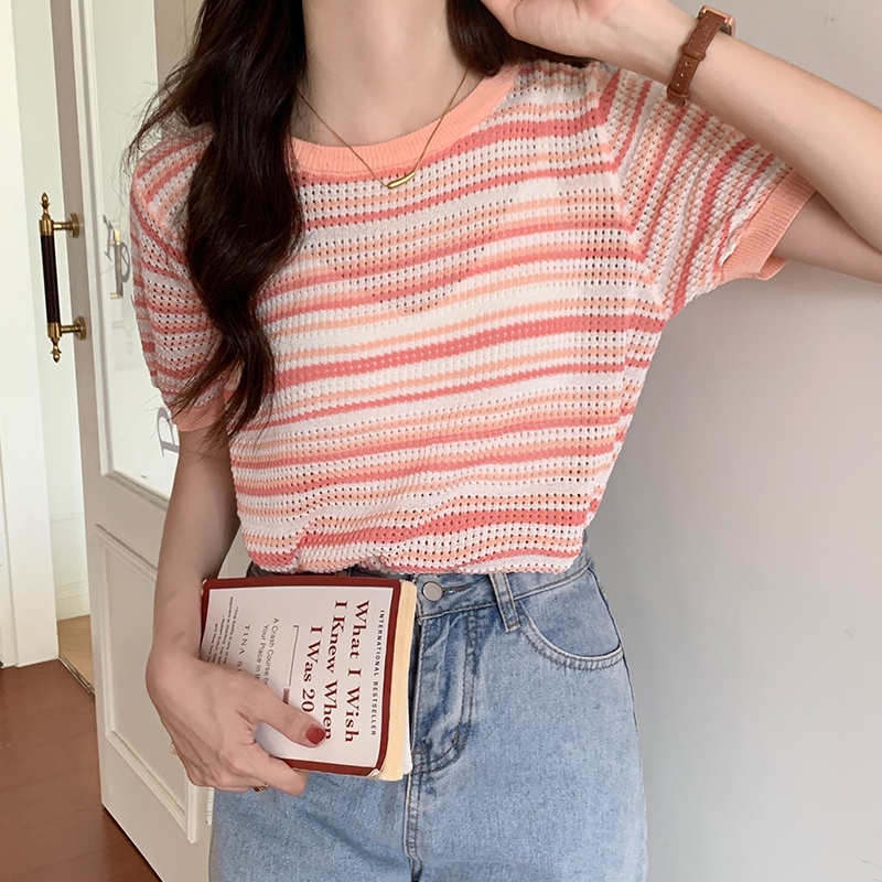 [Hana And Alice] Áo Thun Dệt Kim Tay Ngắn Họa Tiết Kẻ Sọc Màu Sắc Cầu Vồng Thiết Kế Đục Lỗ Thời Trang Cao Cấp