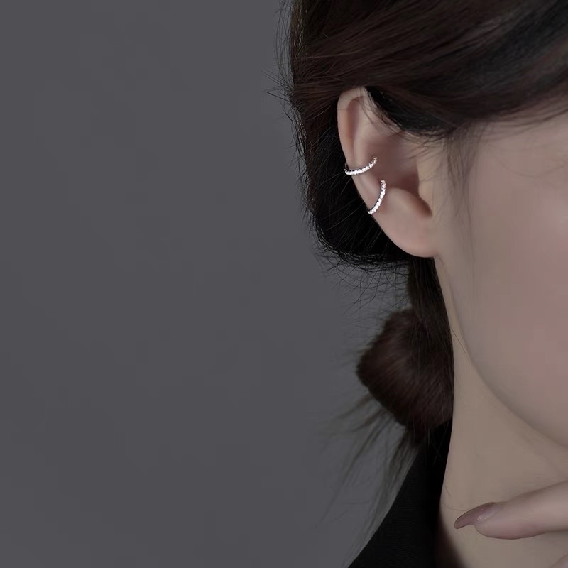 Khuyên tai bạc nữ kẹp vành Earcuff vòng tròn đính đá, Bông tai bạc nữ Ear Cuff