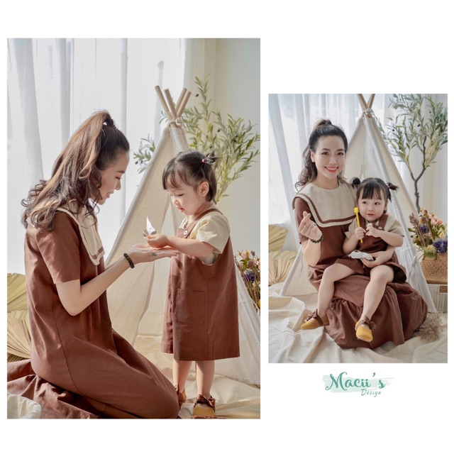 ⚡HÀNG THIẾT KẾ⚡ Đồ đôi gia đình, đồ đôi mẹ bé siêu xinh by Macii's. Chất vải linen nâu thoáng mát, phong cách vintage