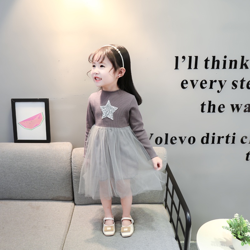 Đầm Dệt Kim Phối Lưới Thời Trang Mùa Thu Cho Bé Gái