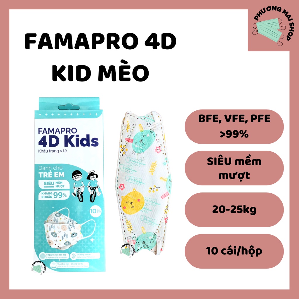 [4D KID] Khẩu Trang Y Tế Trẻ Em Kháng Khuẩn Famapro - Hộp 10 cái