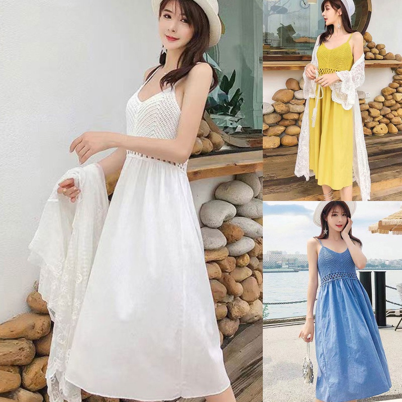 Đầm Midi Hai Dây Dáng Chữ A Lưng Cao Thời Trang Đi Biển Cho Nữ