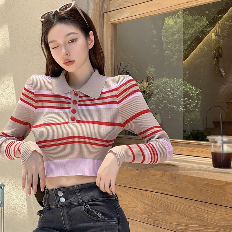 Áo Croptop Dệt Kim Tay Dài Dáng Ôm Họa Tiết Kẻ Sọc Phong Cách Hàn Quốc Thời Trang Cho Nữ