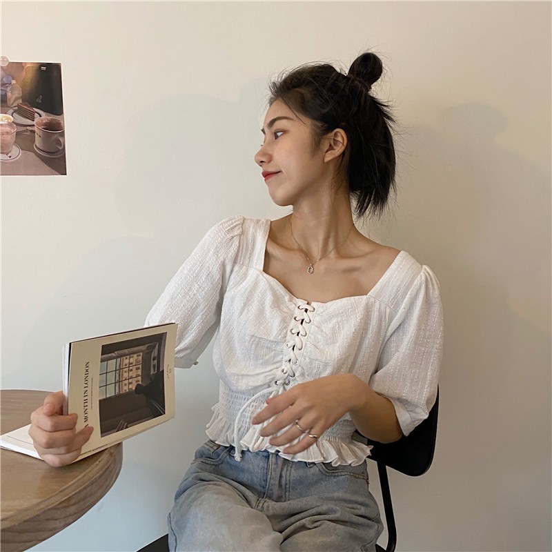 Áo trắng dây rút retro DA238