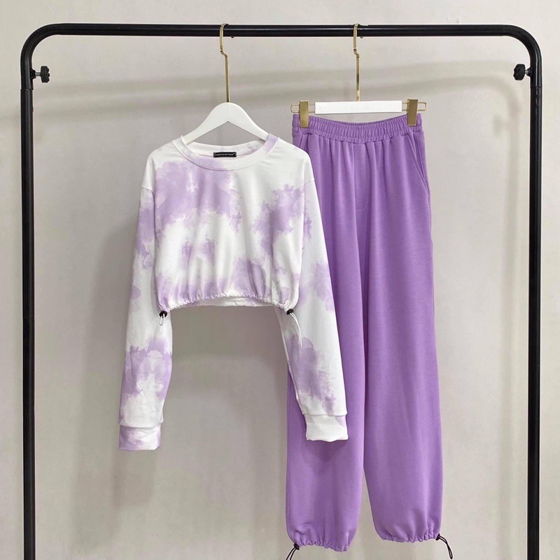 Bộ Áo Loang Màu CropTop_ Quần Dài Trơn Dây Rút Ảnh Thật