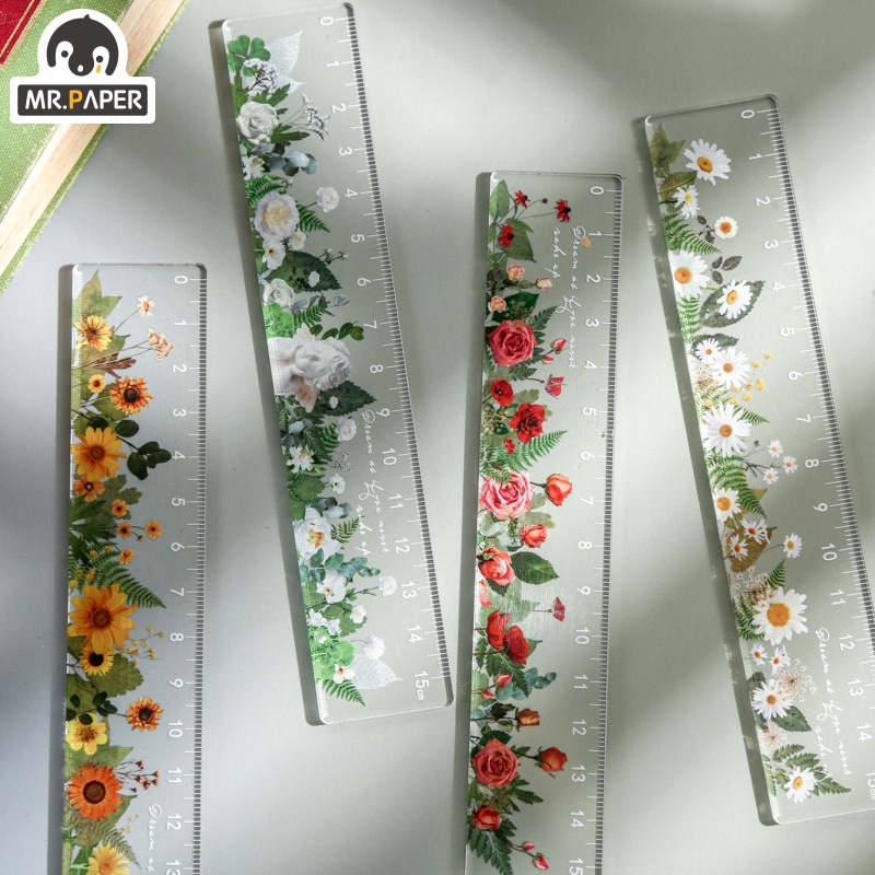Mr.Paper 1 cây thước acrylic nhỏ cây tươi và hoa phong cách sáng tạo đơn giản tài khoản cầm tay thước kẻ văn phòng học sinh văn phòng phẩm
