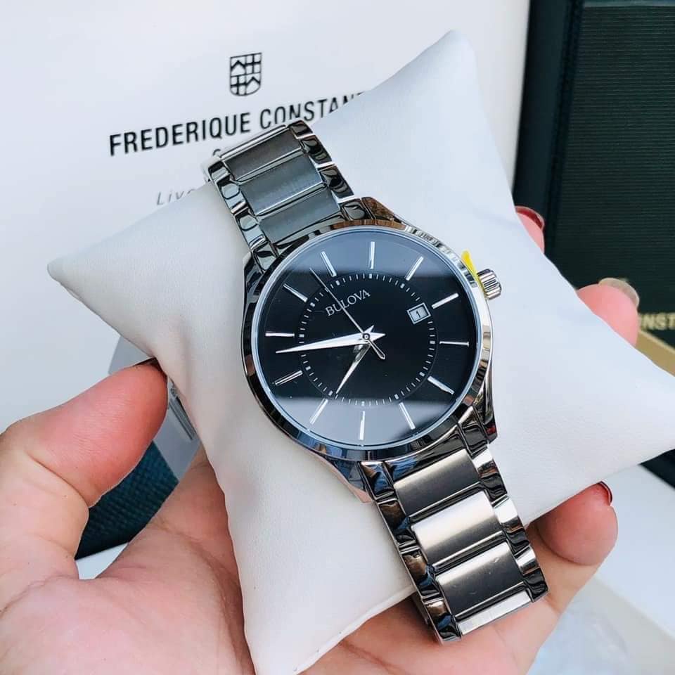Đồng hồ nam Bulova 96B267  dây kim loại sliver, mặt đen, lịch ngày