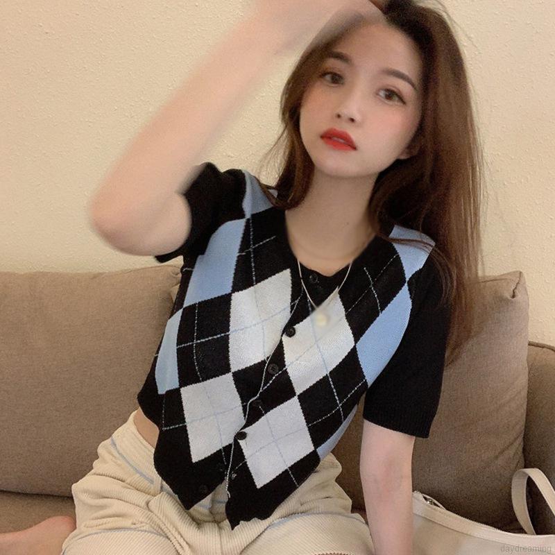 Áo Cardigan Dệt Kim Tay Ngắn Cổ Tròn Màu Sắc Tương Phản