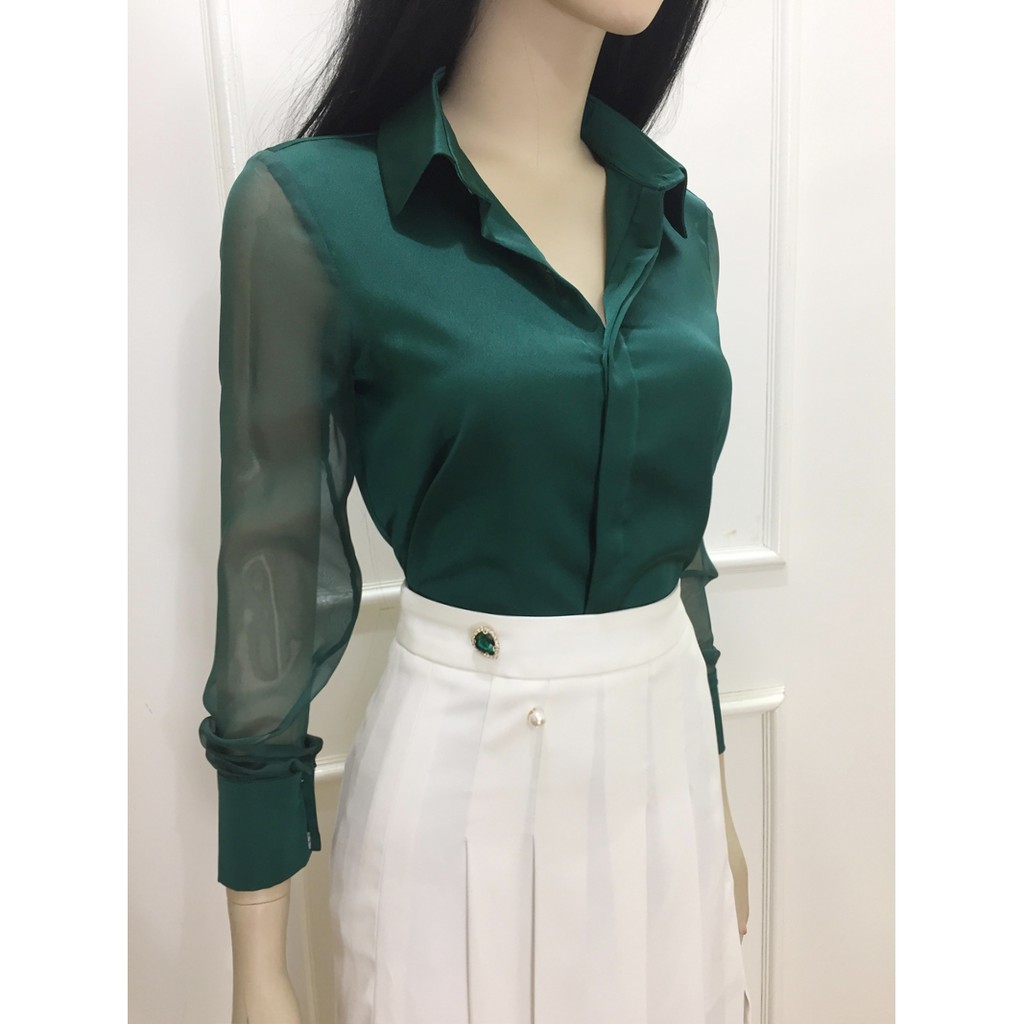 Áo sơ mi nữ màu xanh💖Áo nữ công sở tay voan hàng cao cấp | BigBuy360 - bigbuy360.vn