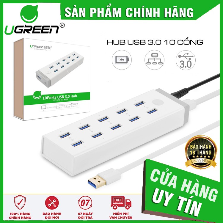 Hub chia sang 10 cổng USB 3.0 Ugreen 20297 HÀNG CHÍNH HÃNG có nguồn đi kèm thumbnail