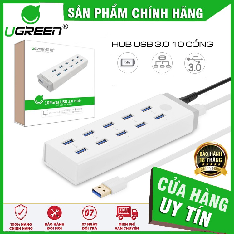 Hub chia sang 10 cổng USB 3.0 Ugreen 20297 ✔HÀNG CHÍNH HÃNG ✔ có nguồn đi kèm