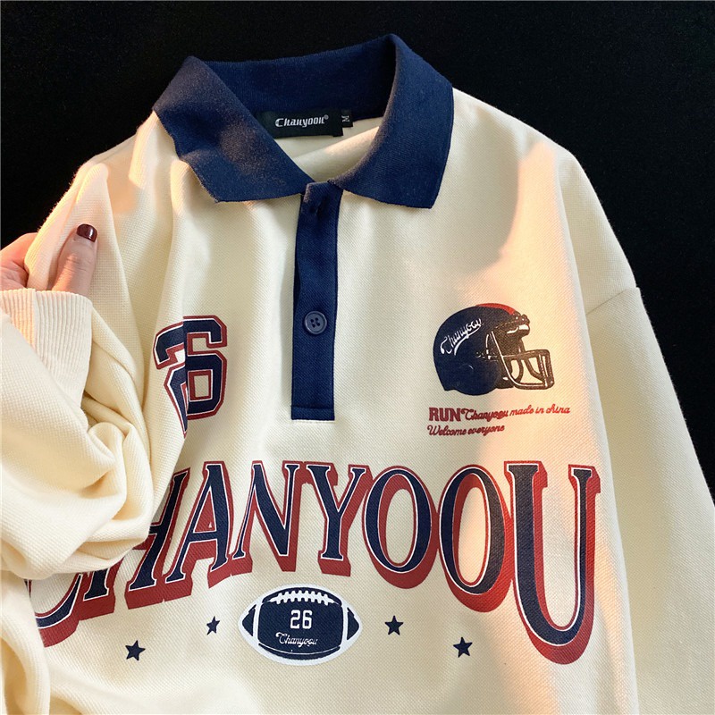 Áo Nỉ POLO Mỏng Dáng Rộng Phong Cách Đường Phố Retro Mỹ Độc Đáo Cho Cặp Đôi