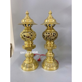 Đôi đèn điện thờ bằng đồng cao 48cm họa tiết long phượng, đèn thờ bằng đồng.
