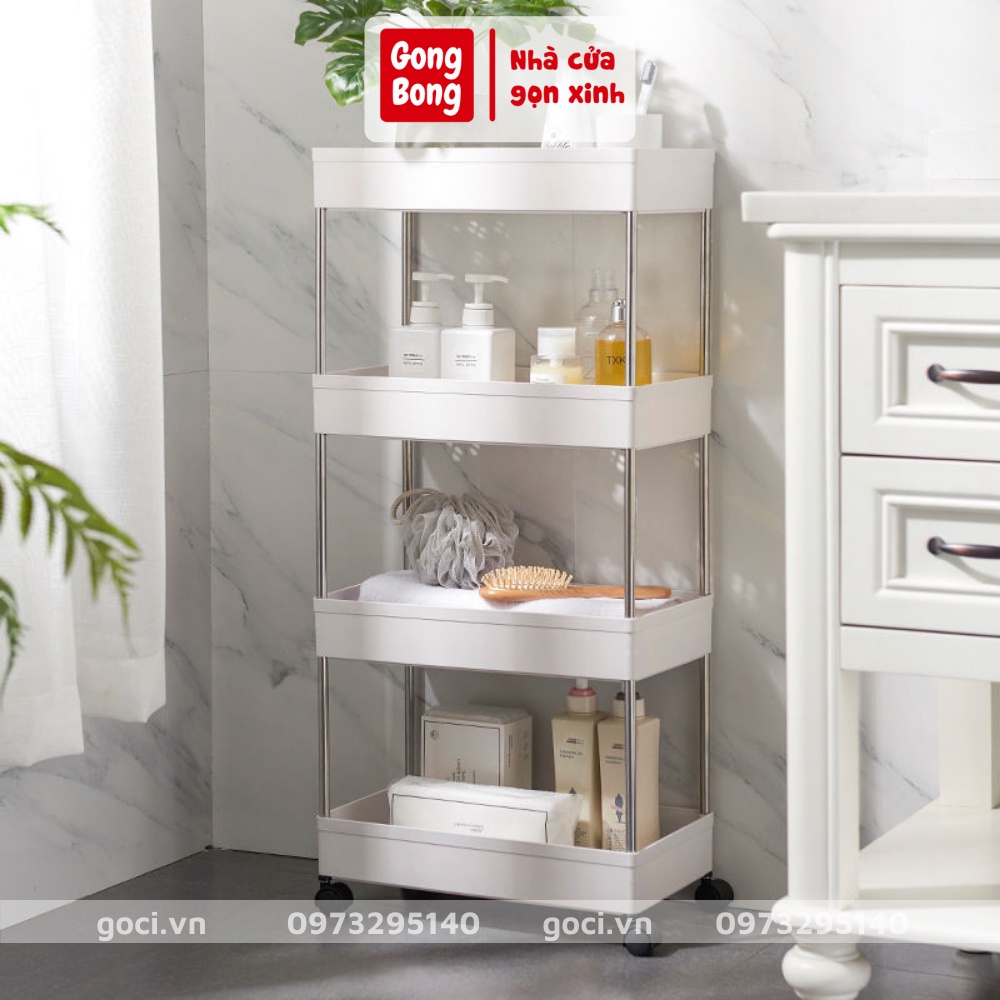 Kệ để đựng đồ đa năng 4 tầng có bánh xe dễ dàng di chuyển quanh nhà bếp phòng tắm khung inox chắc chắn cao cấp