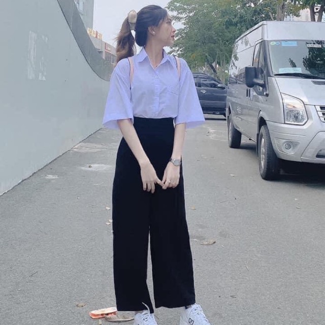 Quần tây ống rộng đi học khóa sườn nữ cạp lưng cao dáng quần vải ống rộng suông dài dày đen học sinh đi học công sở