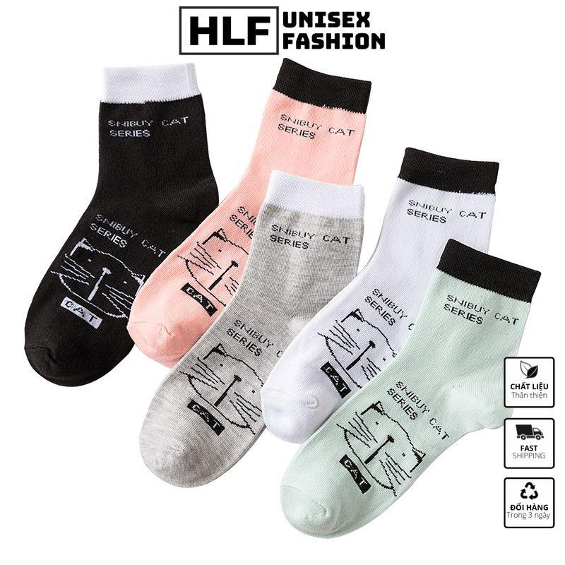 Tất vớ nữ Cotton cổ tròn in hình mèo SNIBUY CAT SERIES, tất vớ cổ cao HLFashion
