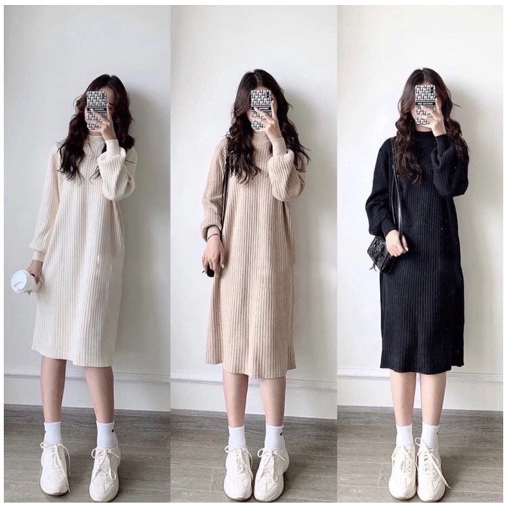 Váy len tăm dáng xuông tay bồng freesize chất dày dặn