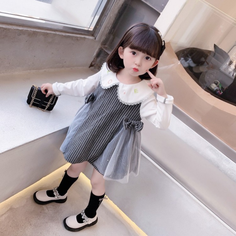 Set áo thun tay dài cổ bẻ + đầm công chúa phong cách phương Tây cho bé gái