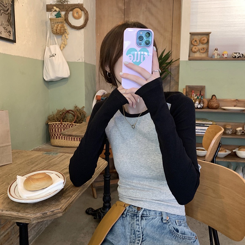 Áo Thun Dài Tay Ôm Dáng Màu Sắc Tương Phản Thời Trang Mùa Thu Cho Nữ