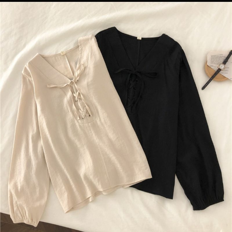 áo sơ mi kiểu cổ v đan dây ngực vintage hàn quốc