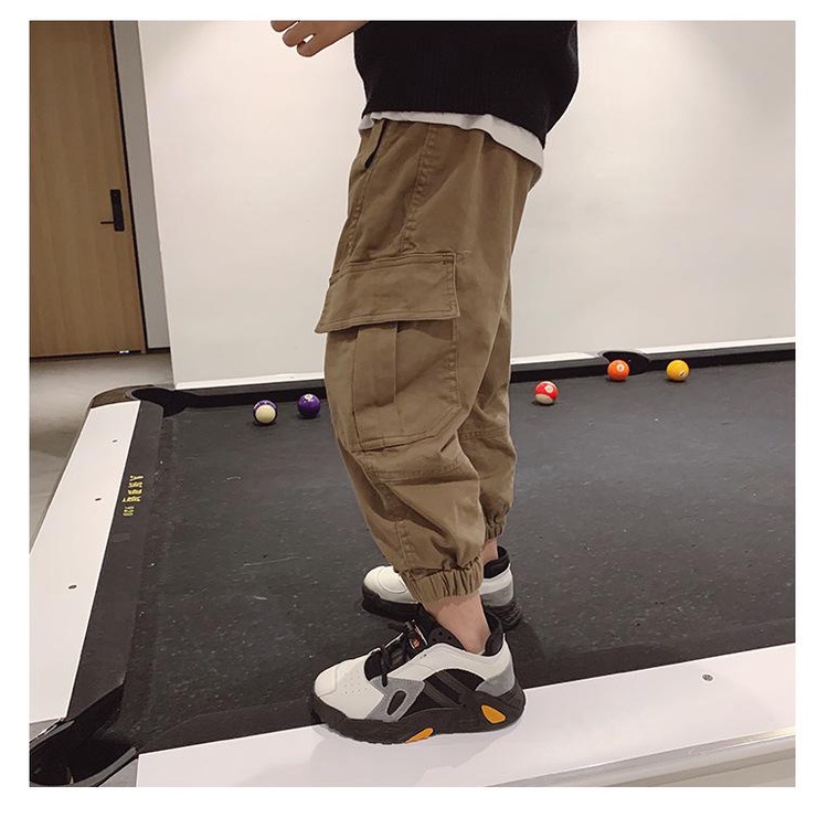 quần dài kaki bé trai chất mềm màu nâu có túi dáng jogger có lót lông Shushibaby