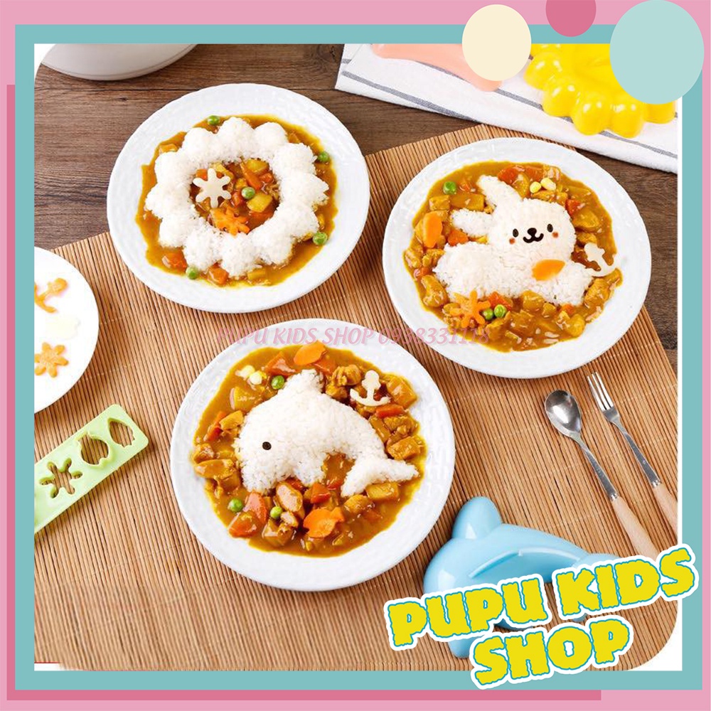 Set 4 Khuôn ép cơm bento hình cá heo, thỏ, hoa và khuôn cắt tạo hình rau củ quả cho bé ăn dặm