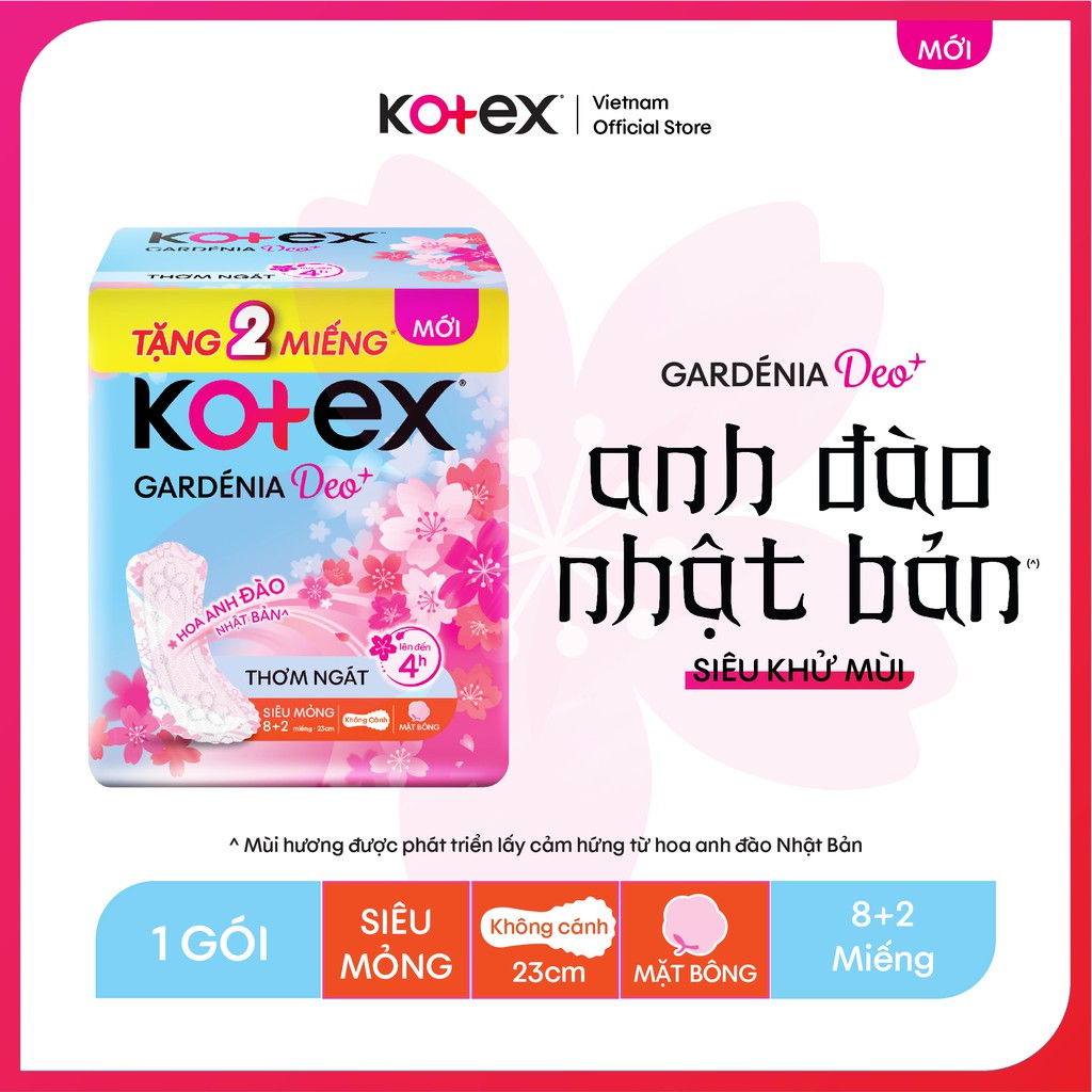Băng Vệ Sinh Kotex Gardenia Deo + hương hoa anh đào, mặt bông, siêu mỏng không cánh, gói 8+2 miếng