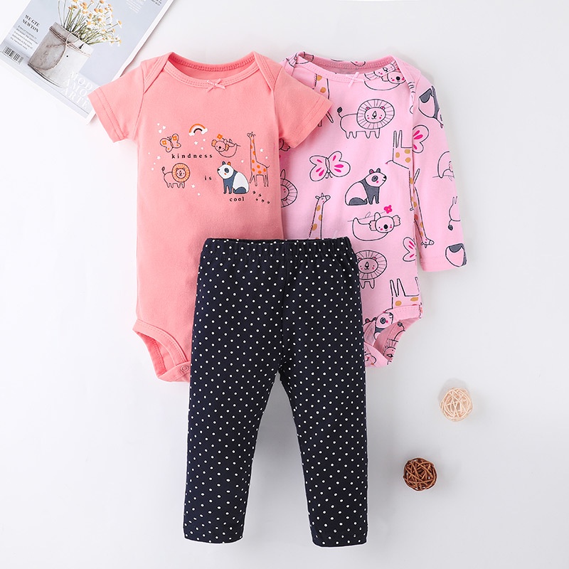Bộ Đồ Quần Áo Bé Gái 3 Món Body Tay Ngắn Bodysuit Liền Thân Và Quần Dài Set Cho Bé Trẻ em Sơ Sinh 0-36 Tháng