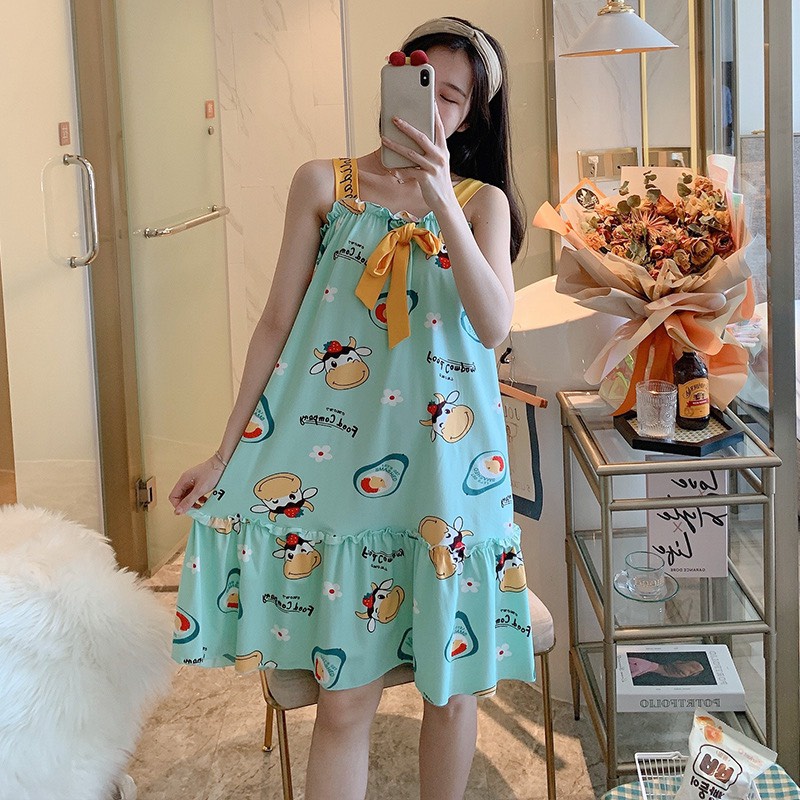 Váy ngủ, váy 2 dây chất thun sữa in họa tiết hoạt hình dễ thương V284