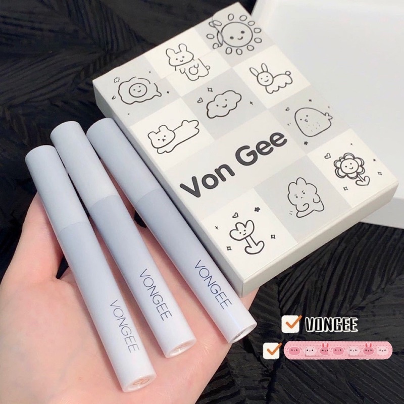 Set 5 Son Kem Lì VONGEE Vỏ Xám Trắng Họa Tiết Cute Mềm Mịn Lâu Trôi