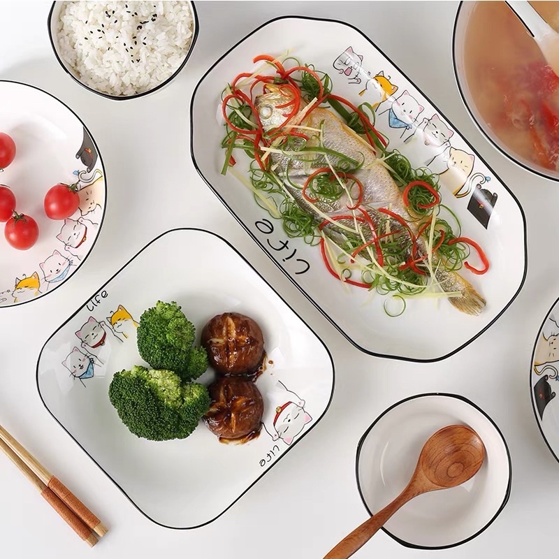 Bộ đĩa sứ hình mèo dễ thương, đĩa sứ phong cách Bắc Âu sẵn đĩa vuông