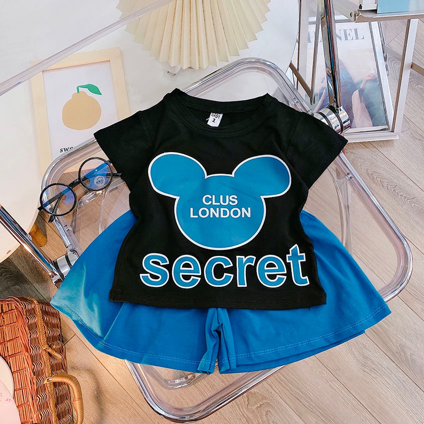 Bộ Quần Áo Cộc Tay Cao Cấp In Hình Mặt Gấu ClusLondon Quần Dáng Váy Xòe Vải Cotton Cho Bé Từ 8-18kg Mã CT29