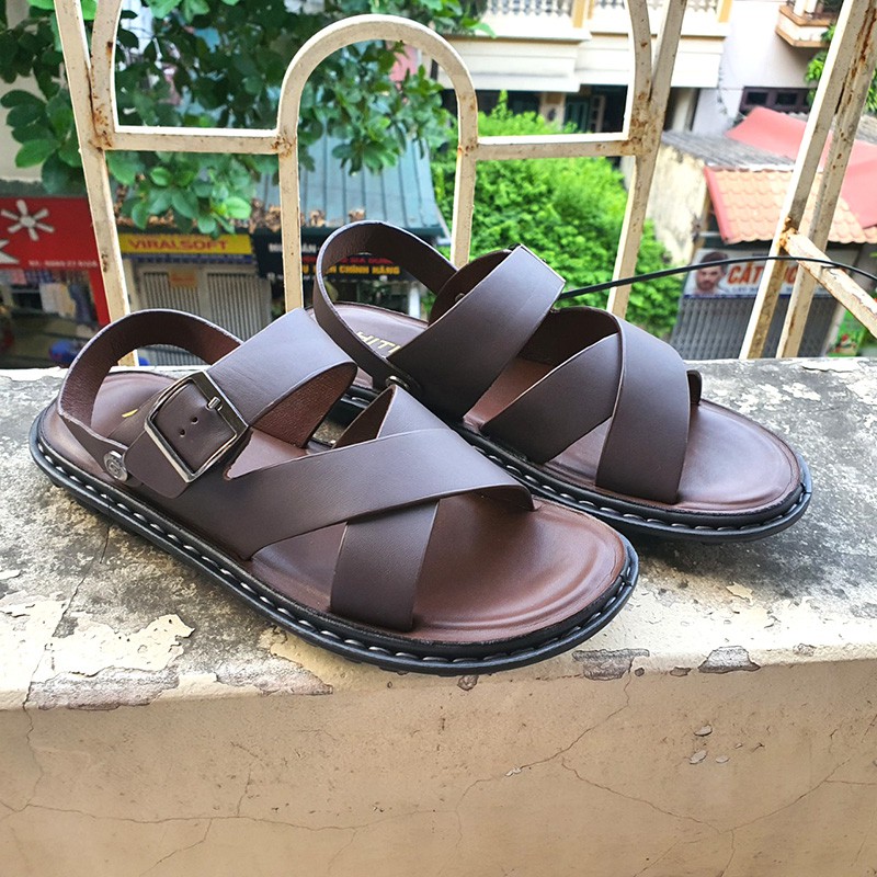 Sandal Nam Quai Chéo Da Bò Thật Cao Cấp Xịn Đẹp Đế Mát Xa Siêu Mềm Êm - HANO 0985