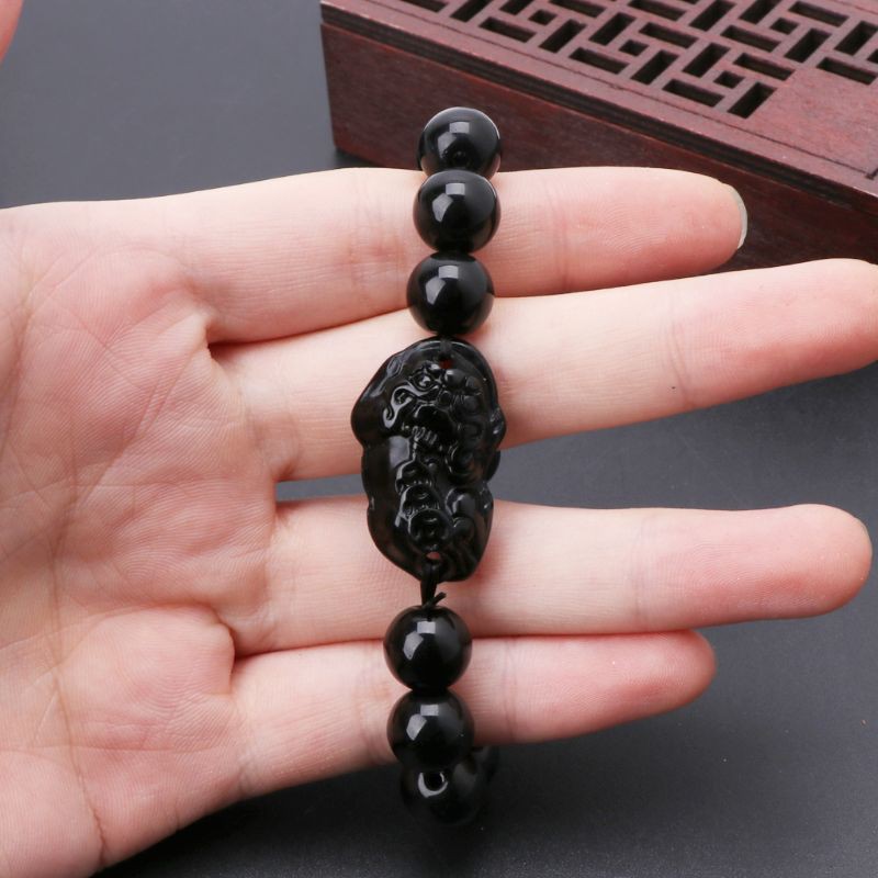 Vòng tay dây bện đá Obsidian phong cách cổ điển