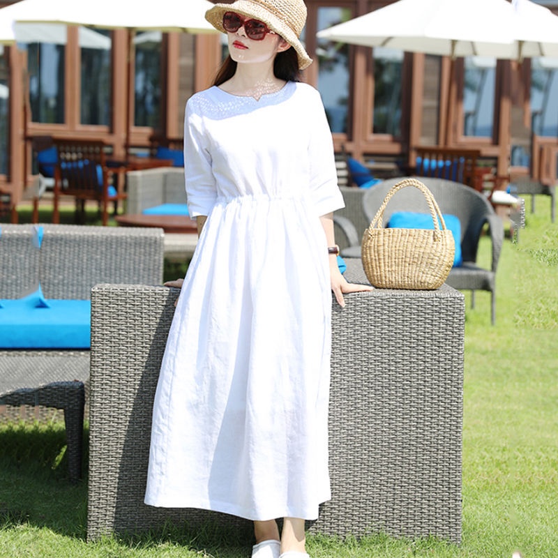 Đầm bầu trắng chất linen dáng suông dài, tay lỡ siêu xinh cho mẹ bầu diện phố, đi làm, đi biển Da78