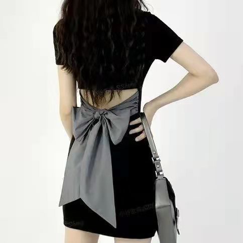 AMOI Đầm Tay Ngắn Cổ Polo Thắt Nơ Lưng Họa Tiết Sọc Caro