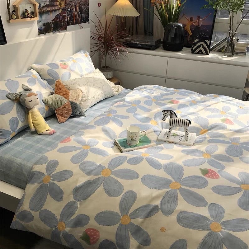Set Bộ Vỏ Cotton Living Hoa Xanh 5 Cánh, Chất Cotton Thoáng Mát, Thấm Hút Tốt_shinbedding