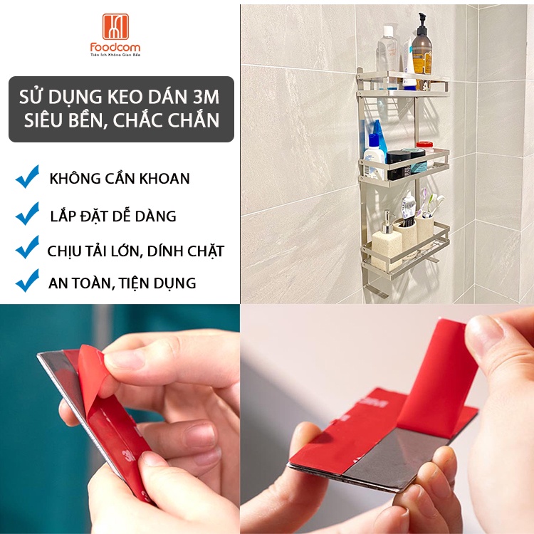 Kệ dán tường nhà tắm đa năng 3 tầng  Foodcom chất liệu inox cao cấp không han gỉ có keo 3M chắc chắn không khoan đục